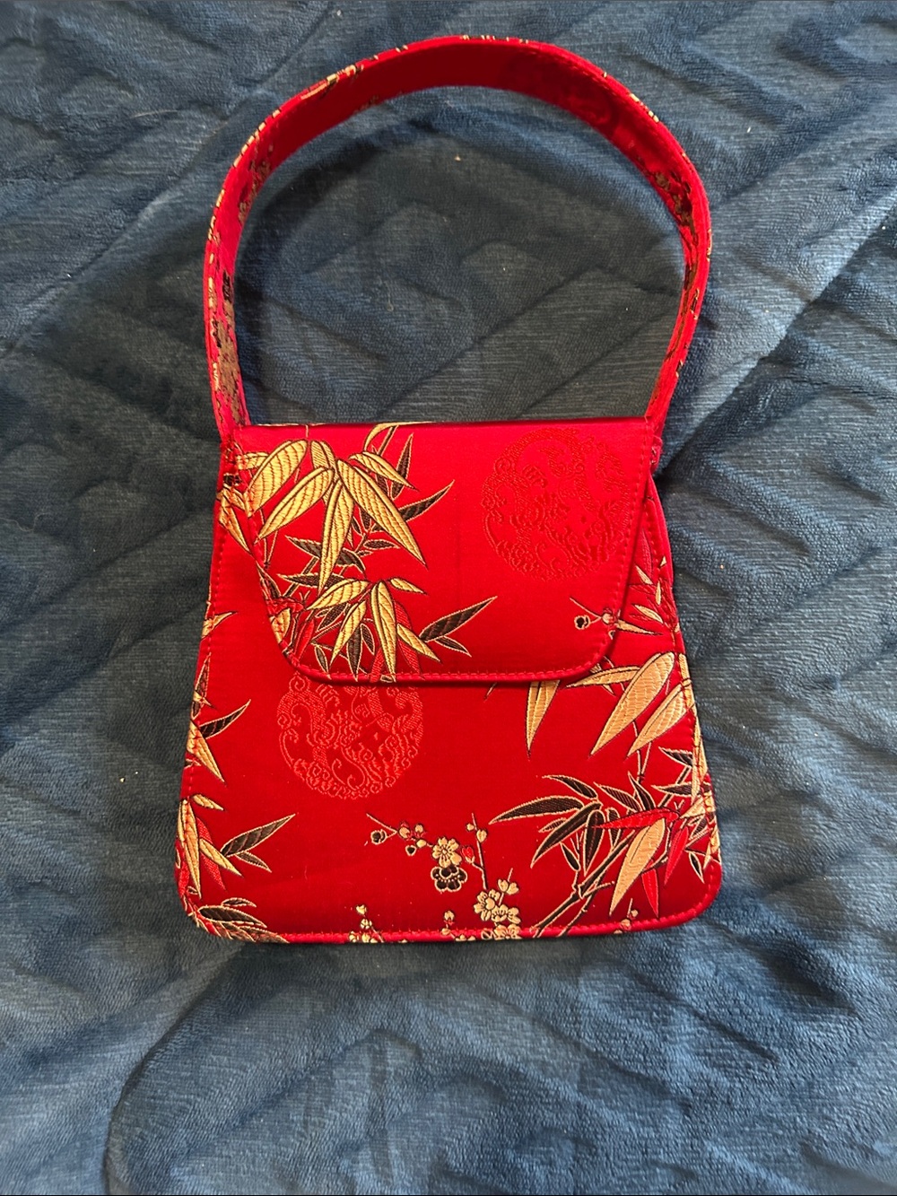 Red Brocade Floral Bamboo-Accent Wristlet Clutch